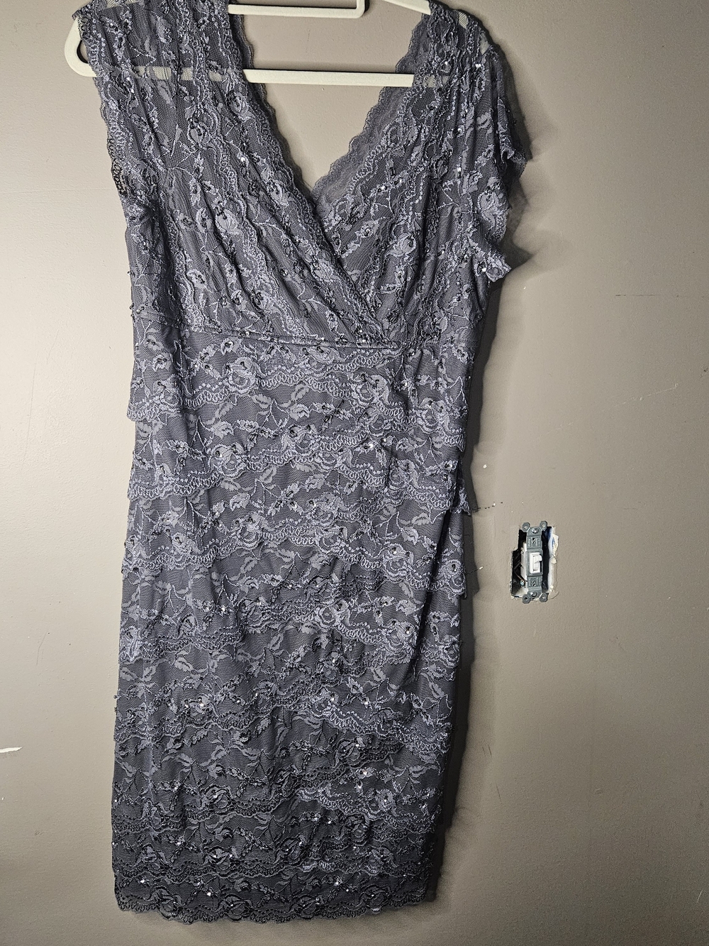 MARINA Lace V-Neck Midi Dress in Gray Ptp 20" Length 44" Size Large